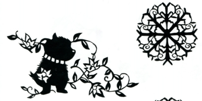 レース切り絵 犬とつる草ともみじ & 雪の結晶