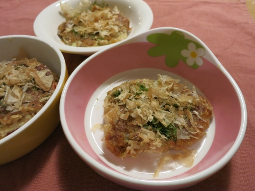 夜ご飯 お豆腐と豚肉のお好み焼き:牛革ガム