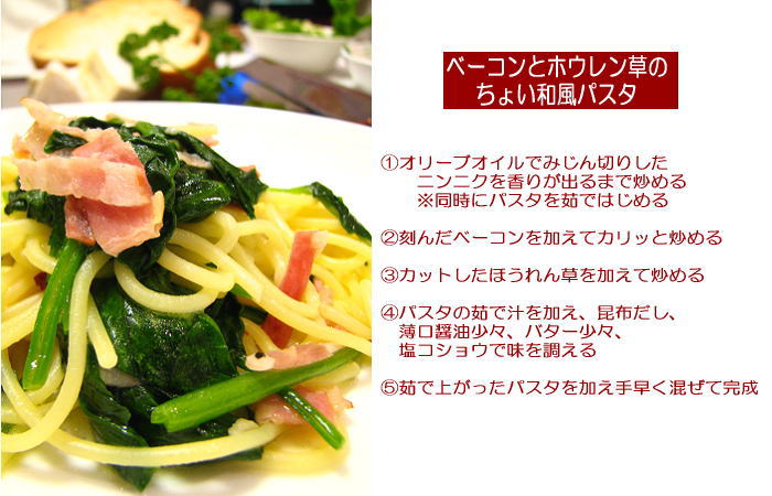 ベーコンとほうれん草の和風パスタ